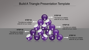 A pyramid of purple balls numbered 01 to 08, with arrows pointing to five steps, showing the process of building a triangle.