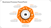 Yellow hexagonal infographic with seven segments each with caption areas surrounding a central briefcase icon.