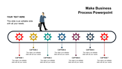 Business process timeline with four grey gears connected to captions and icons below placed in a white background.