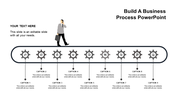 A professional business process PPT template with a walking figure and labeled grey gears for each step in the process.