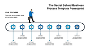 A business process PPT slide with 8 sections, featuring blue color gears representing stages in the process with captions.