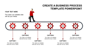A professional timeline PPT template with red gears and a business figure with captions and placeholder text.