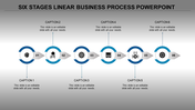 A six stage linear business process timeline template with blue circular markers, each featuring an icon and caption areas.