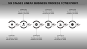 A six stage linear business process timeline template with grey circular markers, each featuring an icon and caption areas.