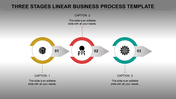 A three stage linear business process template with circular icons in yellow, red, and teal along with captions.