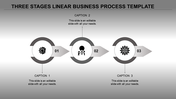 A grey themed three stage business process template, featuring circular markers with gear icons and caption areas.
