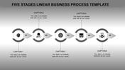 A grey themed 5 stage business process template with circular markers, each featuring an icon and caption area.