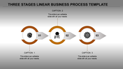Blue linear business process with three steps, numbered 01 to 03, and placeholder text areas connected by arrows.