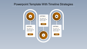 Minimalist timeline infographic template with blue circular icons for 2017, 2018, and 2019 connected by curved lines.