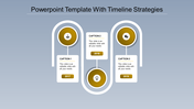 Three-step timeline with curved connectors, featuring years 2017, 2018, and 2019, each with icon and caption areas.