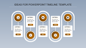 Curved timeline layout with five orange circular icons connected to white rectangular captions on a gradient blue background.