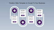 Curved timeline with four purple circular icons connected by white lines and rectangular text boxes on a blue background.