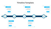 Five-step timeline template with numbered nodes on a dark horizontal bar, each linked to blue caption areas.