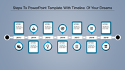 Horizontal PowerPoint timeline template spanning years 2013 to 2019 with labeled icons and captions.