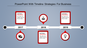 A timeline template featuring key business milestones from 2017 to 2019, with red captions and icons.