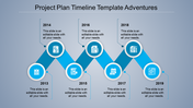 Year based timeline with blue circular icons for 2017 to 2020, representing business, settings, target, and growth.