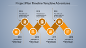 Project timeline slide with an orange zigzag path, featuring circular icons, and black text on a gradient blue background.