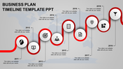 A business plan timeline PPT slide from 2011 to 2019, featuring a series of milestones with red icons with placeholder text.