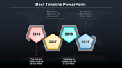 Timeline PPT slide with colorful pentagon shaped markers representing 2016, 2017, 2018, and 2019, with labels.