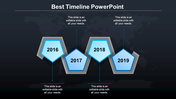 A timeline slide with blue pentagon shaped markers representing 2016, 2017, 2018, and 2019 and labels on a dark theme.