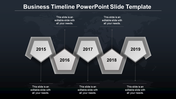 Minimalist timeline design with grayscale pentagons marking years 2015 to 2019, arranged in a staggered layout.
