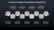 Timeline PPT slide with grey hexagonal markers for each year from 2011 to 2019, each with a caption on a dark backdrop.