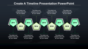 Timeline with nine green 3D pentagonal shapes highlighting years 2011 to 2019, connected by vertical lines to text.