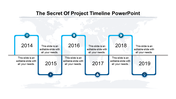 Timeline with structured blue curved segments displaying years 2014-2019, each linked to icons and placeholder text areas.