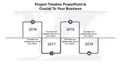 Business timeline with gray curved boxes marking milestones from 2016 to 2019, set on a world map background.
