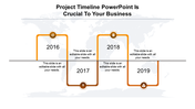 Project timeline PPT slide with years 2016 to 2019, each year marked by orange rectangular markers with icons.
