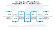 Blue project timeline infographic with seven rectangular milestones, connected by a horizontal line and business icons.