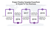 PowerPoint timeline template with years 2015 to 2019, featuring purple circular icons for each year with labels.