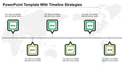 Timeline template featuring six green and black square labels, evenly placed along a horizontal dotted path.