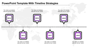 Slide with six purple bordered square markers for years 2014 to 2019, connected by a dotted horizontal line on a world map.