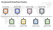 Timeline slide with eight colorful square markers for 2012 to 2019, linked by a dotted line on a world map background.