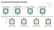 Timeline infographic with square markers for years 2012-2019, outlined in black and green in a dotted path.