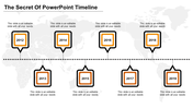 Timeline slide with orange bordered square markers for years 2012 to 2019, linked by a dotted line on a world map.