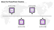 Timeline slide with four purple bordered square markers for years 2016 to 2019, connected by a dotted line on a world map.