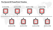 Timeline PPT slide with year labels from 2012 to 2019, connected by a dotted line and a world map background.