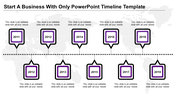 Business timeline featuring alternating square milestones from 2011-2019, with black and purple borders.