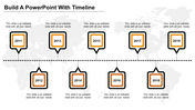 Horizontal timeline with alternating square milestones from 2011-2019, all outlined in orange and black with caption areas.