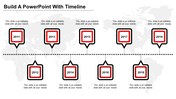 Timeline infographic with nine black and red square labels for years, aligned to a dotted line on a map backdrop.
