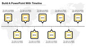 Horizontal timeline with alternating square milestones from 2011-2019, all outlined in yellow and black with caption areas.