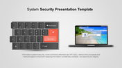 Cybersecurity template with a keyboard emphasizing a security key and a laptop login screen set against a light background.