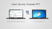 Cybersecurity slide with two laptops, one showing file access options and the other a secured desktop, connected by a lock icon.