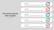 Agenda slide template with five tabs, each featuring a colored number badge, bold agenda title, and description text.