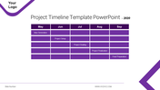 Structured timeline chart in shades of purple showcasing monthly tasks, displayed in a grid format with clear labels.