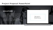 Project proposal slide showing a solution description on a dark background alongside a laptop with a white screen.
