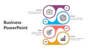 A business PowerPoint slide illustrating key concepts of business, process, target, and growth with accompanying icons.