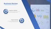 Slide featuring financial and project overviews with blue circular progress charts, and image of various graphs on the side.